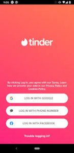 tinder mod apk - home screen with log in options.