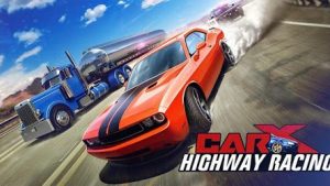 red car with blue truck racing in game.