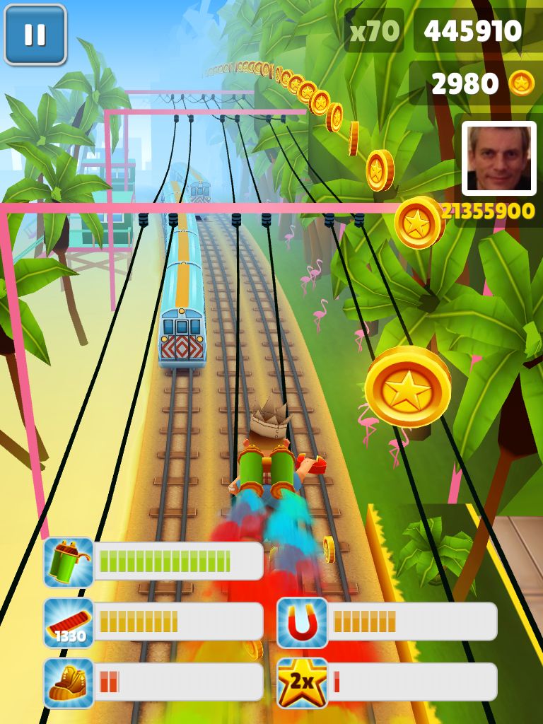 collects coins while running on train tracks.