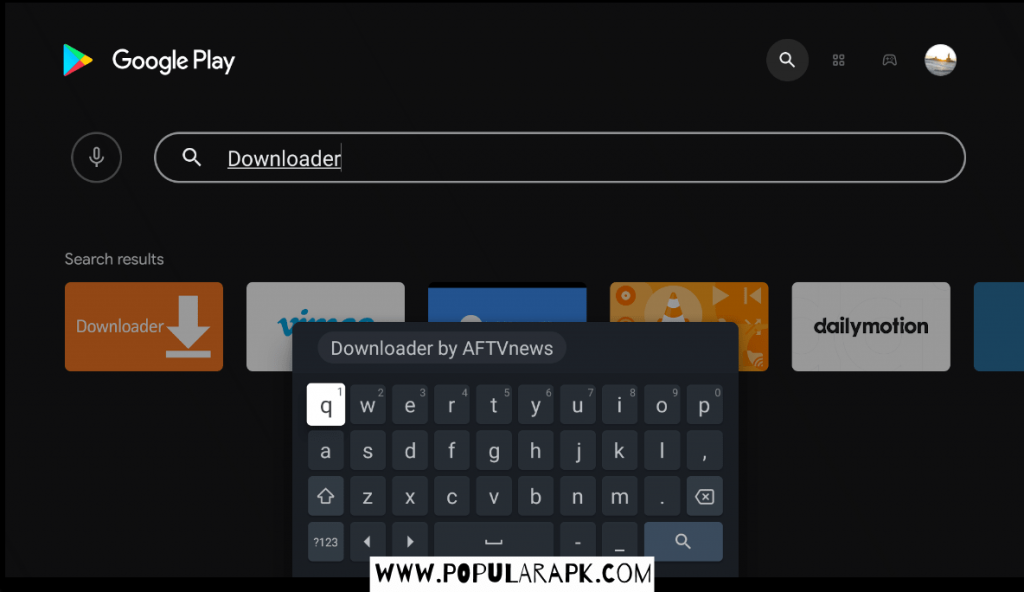 search for downloader app by typing the same in search bar of play store in TV.
