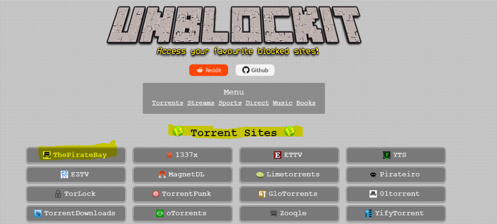 unblocked torrent site screenshot with thepiratebay highlighted.