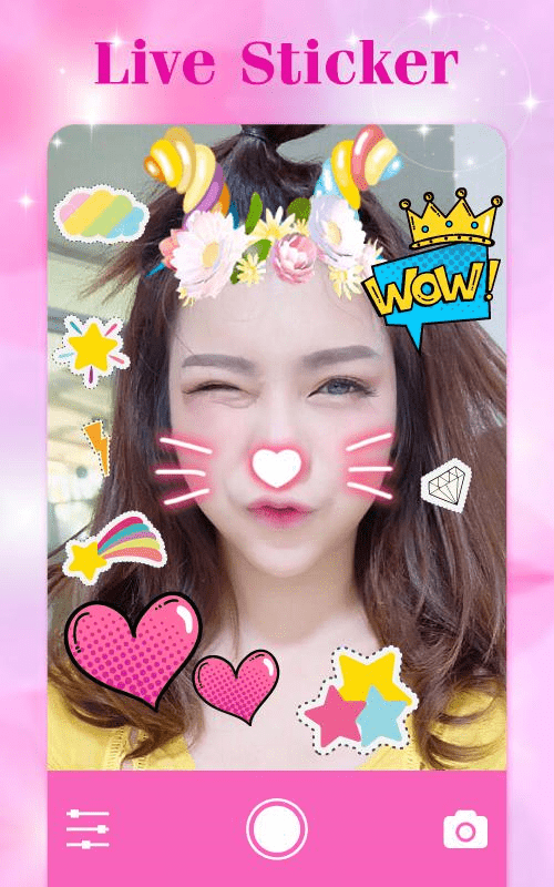 live stickers with wow sticker and in camera frames of sweet face camera.
