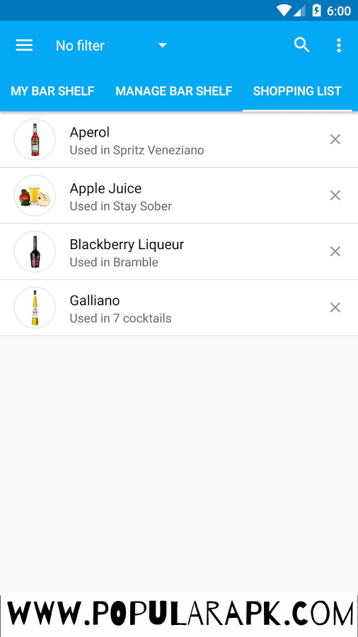shopping list within the app.