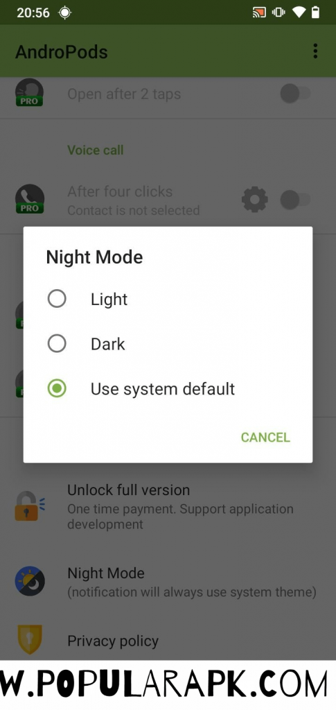 night mode and theme settings in andropods pro apk