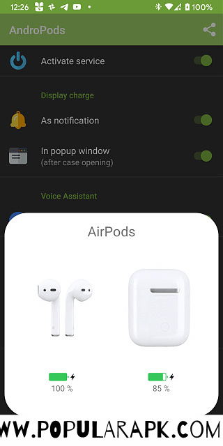 shows the pods and case battery percentage.