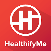healthifyme logo in white with red background.