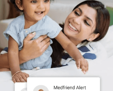 mother and child with medisafe app features in bottom.