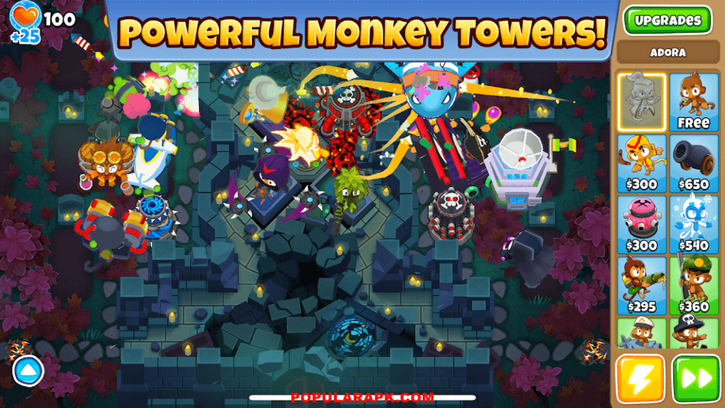 Destroy powerful monkey tower in Bloon TD mod apk.